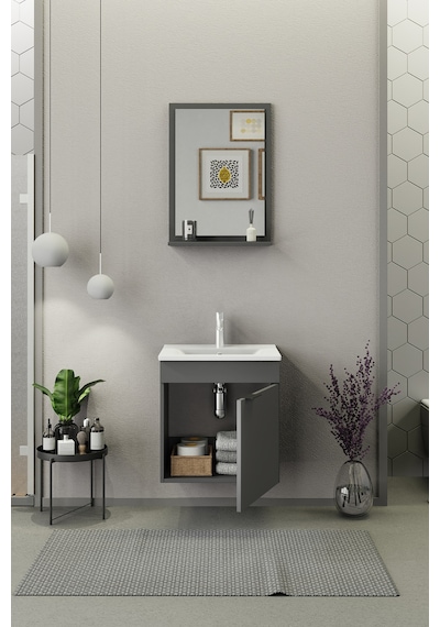 Biani Fix Arya 55 Cm Banyo Dolabı,Seramik Lavabolu, Aynalı,Lavabo Dahil,Mdf,Mat Gri Biani Fix Arya 55 Cm Banyo Dolabı,Seramik Lavabolu, Aynalı,Lavabo Dahil,Mdf,Mat Gri