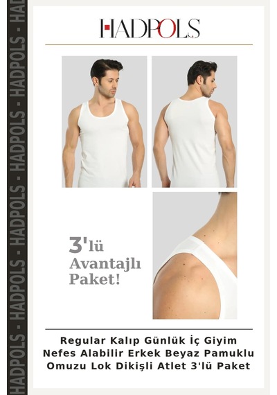 Hadpols Regular Kalıp Günlük İç Giyim Nefes Alabilir Erkek Beyaz Pamuklu Omuzu Lok Dikişli Atlet 3'lü Paket