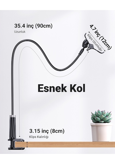Ugreen Flexible Esnek Yatak Masa Telefon Tutucu, Siyah, 80906 Siyah