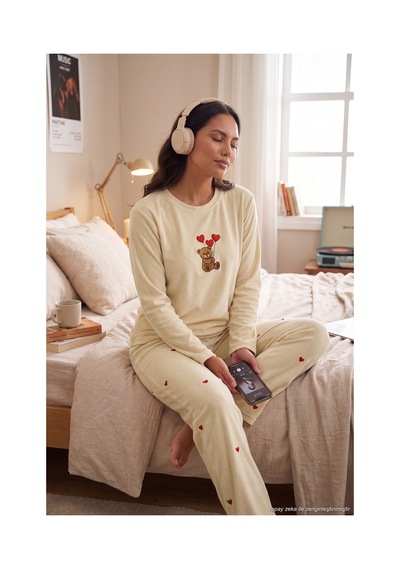 Lela Desenli Yumuşak Dokulu Uzun Kollu Pijama Takımı Kadın Pijama Takımı 65750155 Bej
