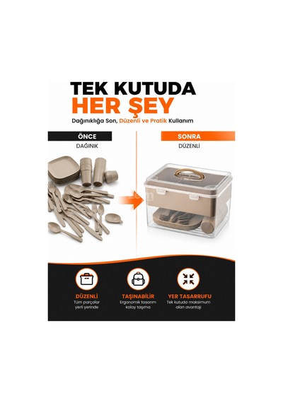 6 Kişilik 33 Parça Piknik Seti Saklama Kutulu Bpa Free Kamp Ve Seyahat Yemek Seti Bej