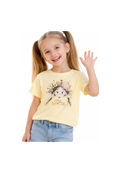 İrem Çocuk Giyim Kız Çocuk Üzeri Çiçek Aksesuarlı Kız Desenli Kısa Model Sarı Renk Tişört Sarı