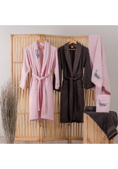 BAMBU 6 PARÇA AİLE BORNOZ SETİ NAKIŞLI PERLA PEMBE ANTRASİT Pembe