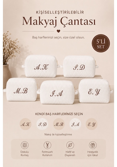 Beyaz Kişiye Özel Harf Nakışlı 5'li Pamuklu Hediyelik Kadın Makyaj Kozmetik Ve Seyahat Çantası Seti Beyaz - 896280762