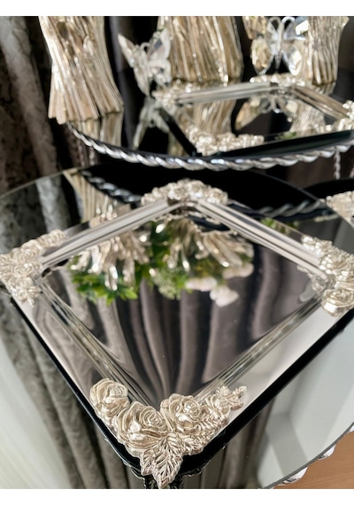 Atabey Home Collection 6'lı Kahve & Çay & Sunum Tepsisi Metal Döküm Kare Gümüş Gül Model