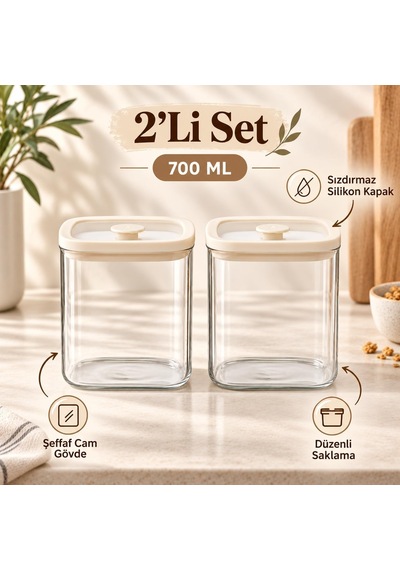 Tr 2'li 700 Ml Krem Kapaklı Cam Kavanoz Sızdırmaz Saklama Seti Diğer