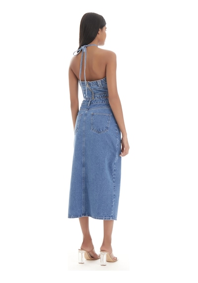 it's basic Kadın Mavi Kot Rengi Rosa Yandan Derin Yırtmaç Detaylı Uzun Denim Etek