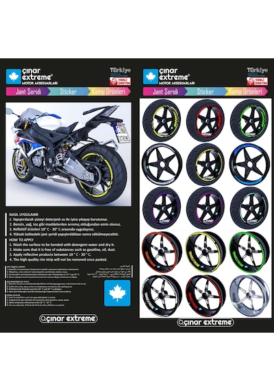 Moto Rider 4'lü Sticker Seti Reflektif Sarı İç Dış Jant Şeridi Kask Ve Çamurluk Çınar Extreme