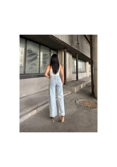 Kene Jeans Çift Diz Lazer Yırtık Buz Kar Bol Paça Jeans Buz Kar