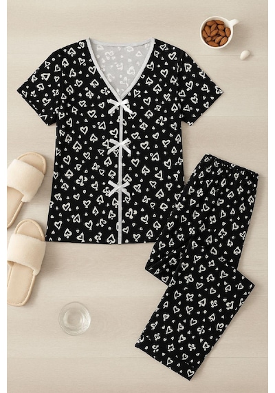 Moda Dua Kadın Siyah Beyaz Desenli Fiyonklu Kısa Kollu Pijama Takımı