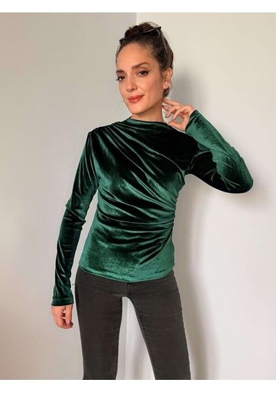 Ali Butik Yeşil Balıkçı Yaka Kadife Bluz Yeşil