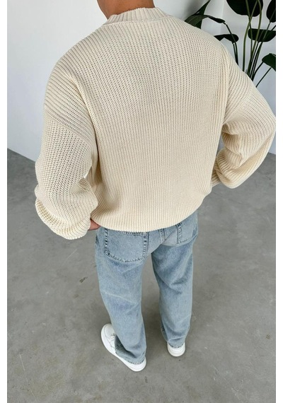 Krem Los Angeles Nakış Oversize Triko Kazak Krem
