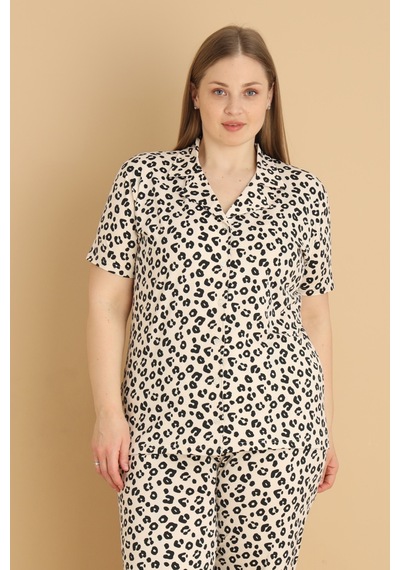 Wordex Mirano 2850 Desenli Milan Kumaş Kısa Kollu Düğmeli Büyük Beden Kadın Pijama Takımı Leopar