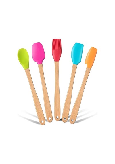 Silikon Spatula Ve Fırça Seti, 5 Parça, Karışık Renkli, Bambu Saplı Çok Renkli