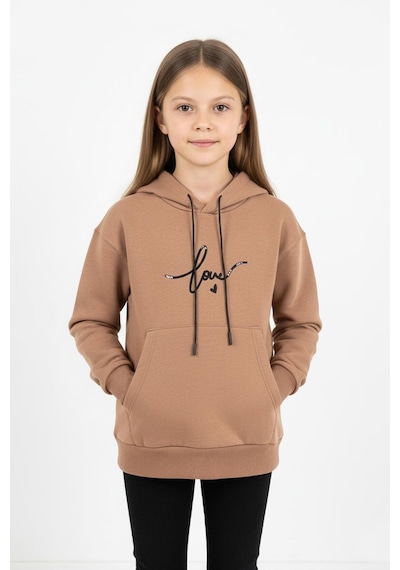 Kapşonlu Love Baskılı Kanguru Cepli Kız Çocuk Sweatshirt-90858 Kahverengi