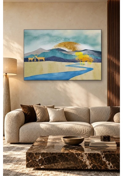 Fida Altın Güneş Ve Mavi Nehir Kıyısında Geyik Ailesi Canvas Tablo Çok Renkli