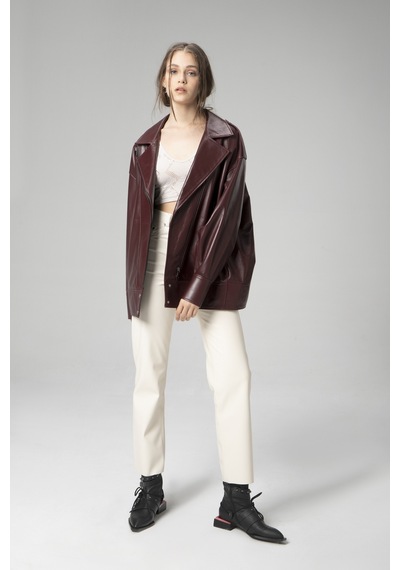 Dericlub Wm019 Oversize Biker Hakiki Deri Kadın Mont Bordo Bordo