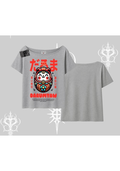 Tarzsokak Kayık Yaka Tshirt Daruma Kedi Anime Baskılı Gri