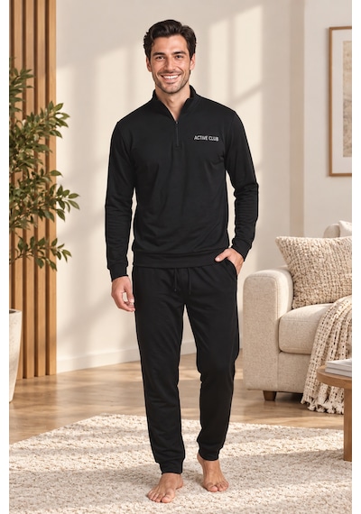 Wordex Mirano 3252 Erkek Fermuar Detaylı Kışlık Spor Eşofman Pijama Takımı Siyah