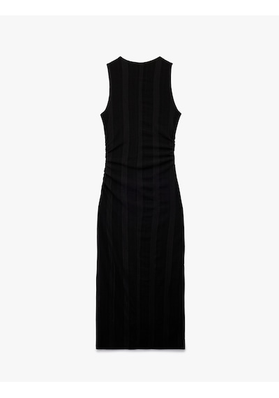 Koton Kolsuz Slim Fit Bisiklet Yaka Çizgili Midi Büzgülü Elbise Siyah 5sak80531ek Siyah