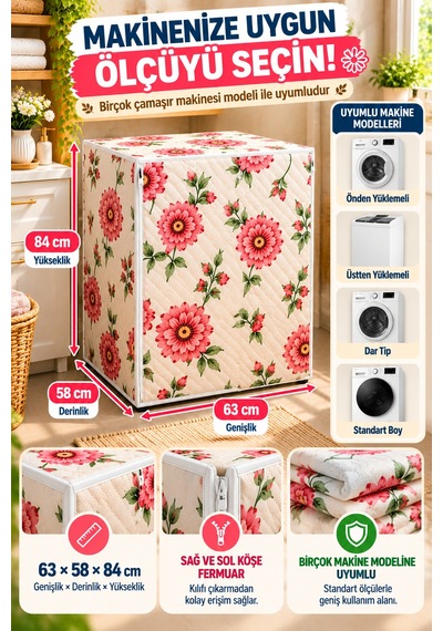 Çiçek Desenli Çamaşır Makinesi Örtüsü Kapitone Fermuarlı Koruyucu Kılıf 63x58x84 Cm Pembe Beyaz Renk