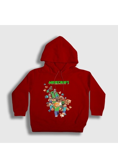 Presmono Unisex Çocuk All Minecraft Kapüşonlu Sweatshirt Kırmızı