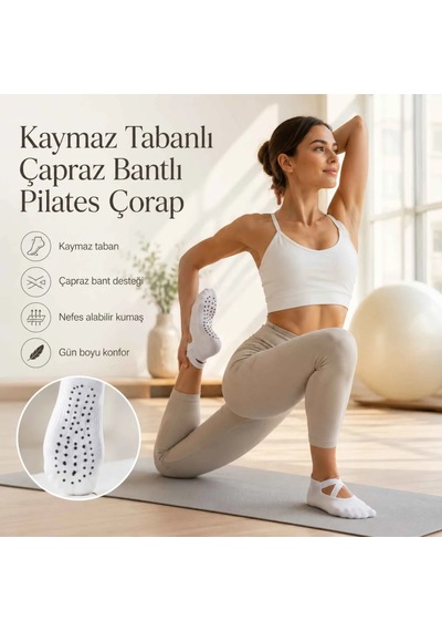 Elitse Kaymaz Tabanlı Kadın Balerin Tasarımlı Yoga Pilates Çorabı Çapraz Bantlı Spor Çorap Hac Umre Çorabı Siyah