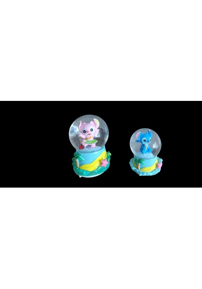 9cm-6cm Sarı Altlıklı Işıklı Mavi Renk Ve 11cm X7 Cm Pilli Pembe Işıklı Hediyelik-dekoratif 2 Li Stitch Kar Küresi 11x9