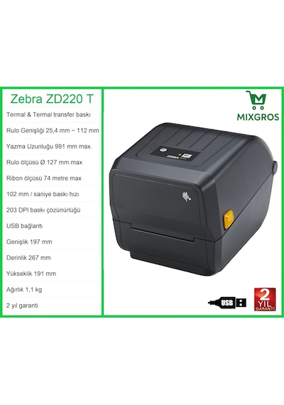 Zebra Zd 220 T Termal Etiket Barkod Yazıcı