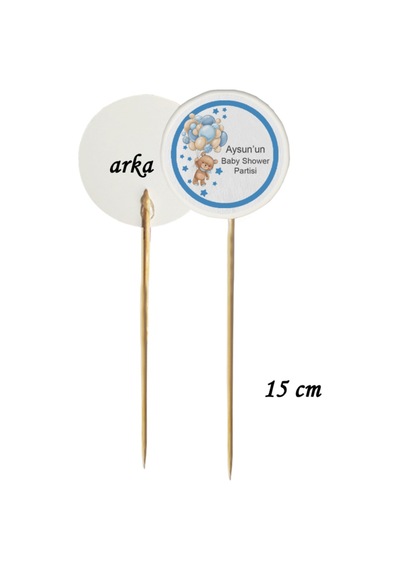 15 Cm Uzun Kürdan - 20 Adet Kişiye Özel Baskılı Mavi Baby Shower Partisi Pasta Kürdanı -1