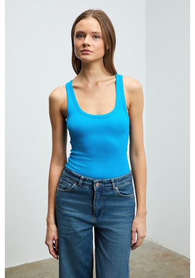Ethıquet Lıllesol Kadın Fitilli Görünümlü Slim Fit Vücuda Oturan Havuz Yakalı Pamuklu Basic Mavi Atl