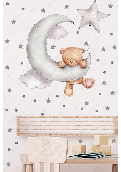 Ayda Sallanan Sevimli Ayıcık Puantiye Ve Yıldızlar Çocuk Bebek Odası Sticker Seti