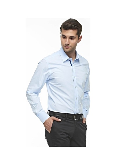 %100 Pamuk Premium Kumaş Mavi Uzun Kollu Regular Gömlek,Ot-C-2014