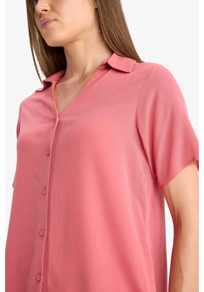Defacto Regular Fit Kaçık Yaka Krinkıl Viskon Kısa Kollu Gömlek F5835ax25smbr275 Bordo