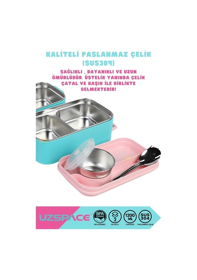 1200ml Lunchbox 2 Katlı 4 Bölmeli Mini Kaseli Çelik Sefer Tası Yemek Kutusu Turkuaz-pembe Çok Renkli