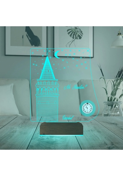 Luvivia İstanbul Galata Kulesi Kişiye Özel Metal Saatli 3d Lamba - Masa Gece Lambası