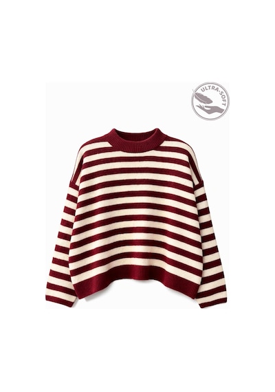 Mixray 7016 Kadın Yün Karışımlı Çizgili Oversize Basic Triko Kazak Bordo
