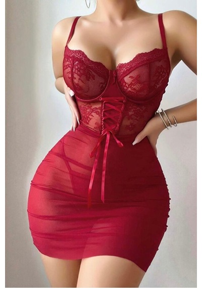 Selveta Bordo Büstiyer Kesim Dantel Babydoll Gecelik Özel Geceler İç Giyim
