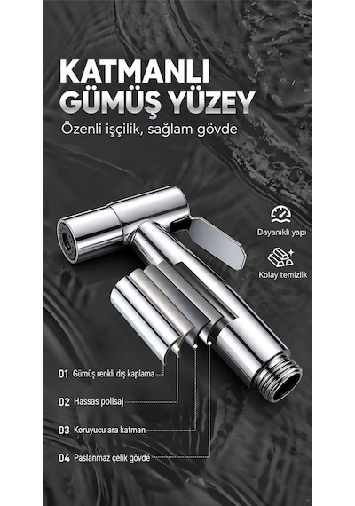 Valkyrie Çift Çıkışlı Taharet Musluğu Seti Spiral Hortumlu El Duşlu Krom Paslanmaz Çelik Gümüş