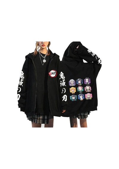 Tarzsokak Manga Baskılı Fermuarlı Sweatshirt Demon Slayer Mod.24 14551 Siyah