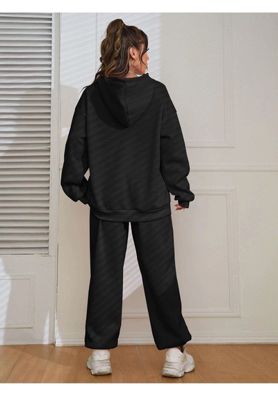Eşofman Takımı Sweatshirt Jogger - Siyah Baskılı Oversize Şardonlu Kapüşonlu Siyah