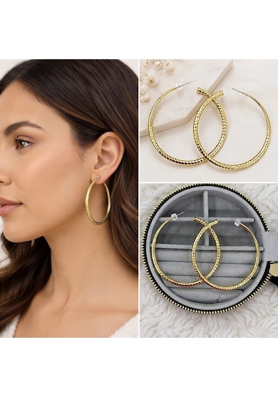 Premium Parlak Ve Şık Gold Renk Dokulu Büyük 316l Çelik Kadın Halka Küpe Altın