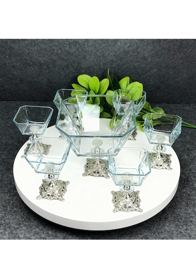 Çnr Home Collection Karen 7 Parça Döküm Ayaklı Sunumluk Seti Magnolia Dondurmalık Jup & Salata Kase Seti Gümüş