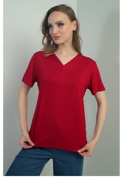 By Saygı Kadın V Yaka Yırtmaçlı Kısa Kol Bluz-40707 Bordo By Saygı Kadın V Yaka Yırtmaçlı Kısa Kol Bluz-40707 Bordo