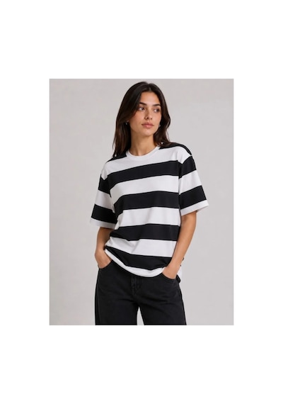 Butik İstanbul Çizgili Oversize Tişört Bisiklet Yaka Kısa Kol Yazlık T-shirt - Siyah