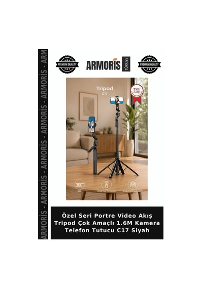 Özel Seri Portre Video Akış Tripod Çok Amaçlı 1.6m Kamera Telefon Tutucu C17 Siyah