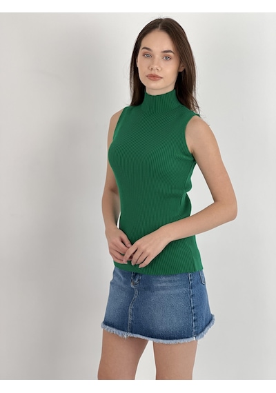 Miss Poem Kadın Boğazlı Balıkçı Yaka Kolsuz Basic K.yeşil Triko Bluz K.yeşil