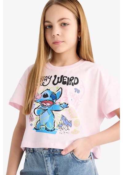 DeFacto Kız Çocuk Disney Lilo & Stitch Bisiklet Yaka Kısa Kollu Tişört E6507A825HSPN343 Pembe