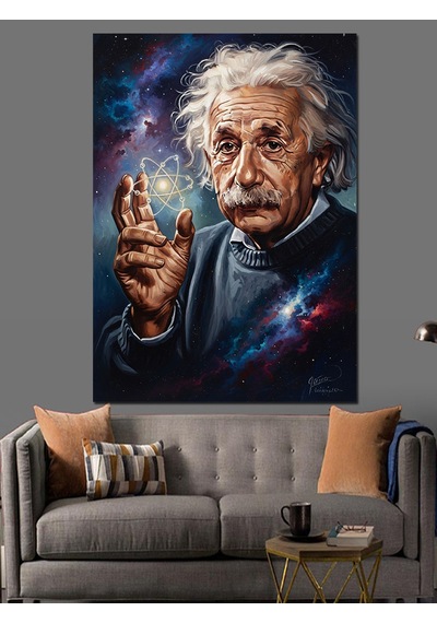 Bilim İnsanı Einstein Yıldızlar Arasında Dekoratif Kanvas - Mdf Ahşap Tablo
