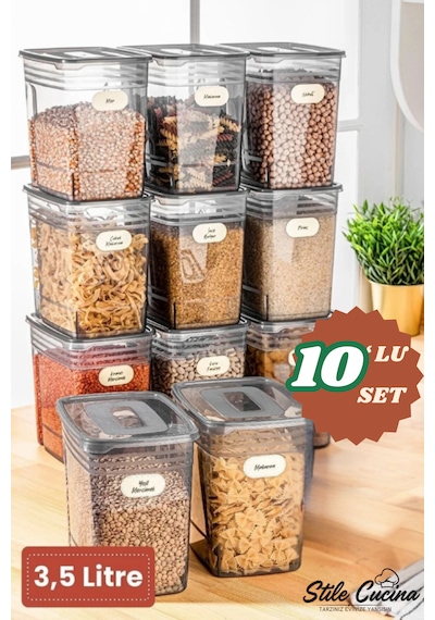 10'lu Avantajlı Set Etiketli Strip Mega Boy Erzak Saklama Kabı 3,5 Litre Antrasit Antrasit